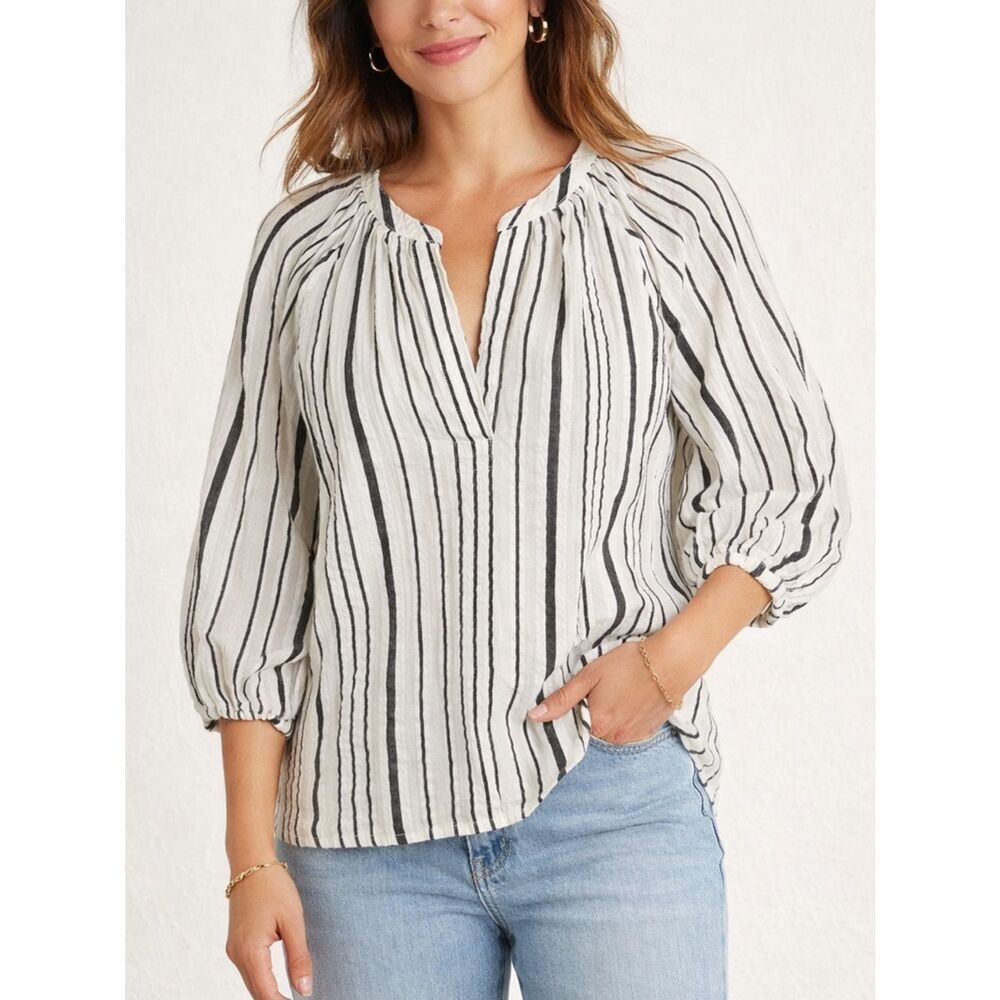 Evereve Striped Cotton Peasant Blouse XL White Black 3/4 Puff Sleeve